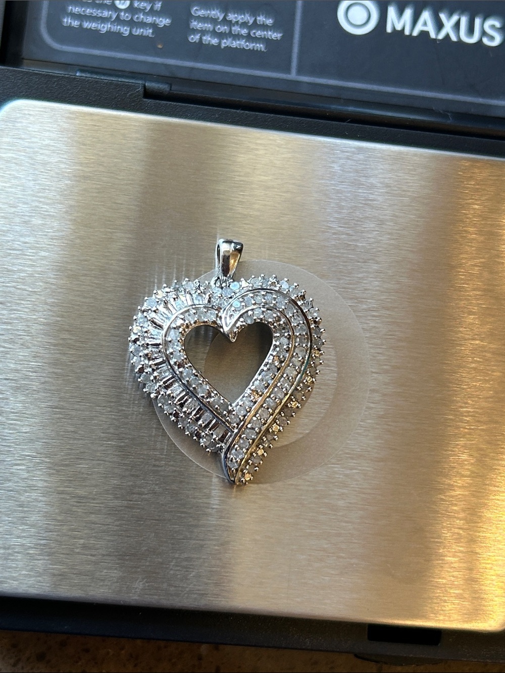 Vintage .925 Sterling Silver Puffed Ribbon Heart Pendant Baguette Halo